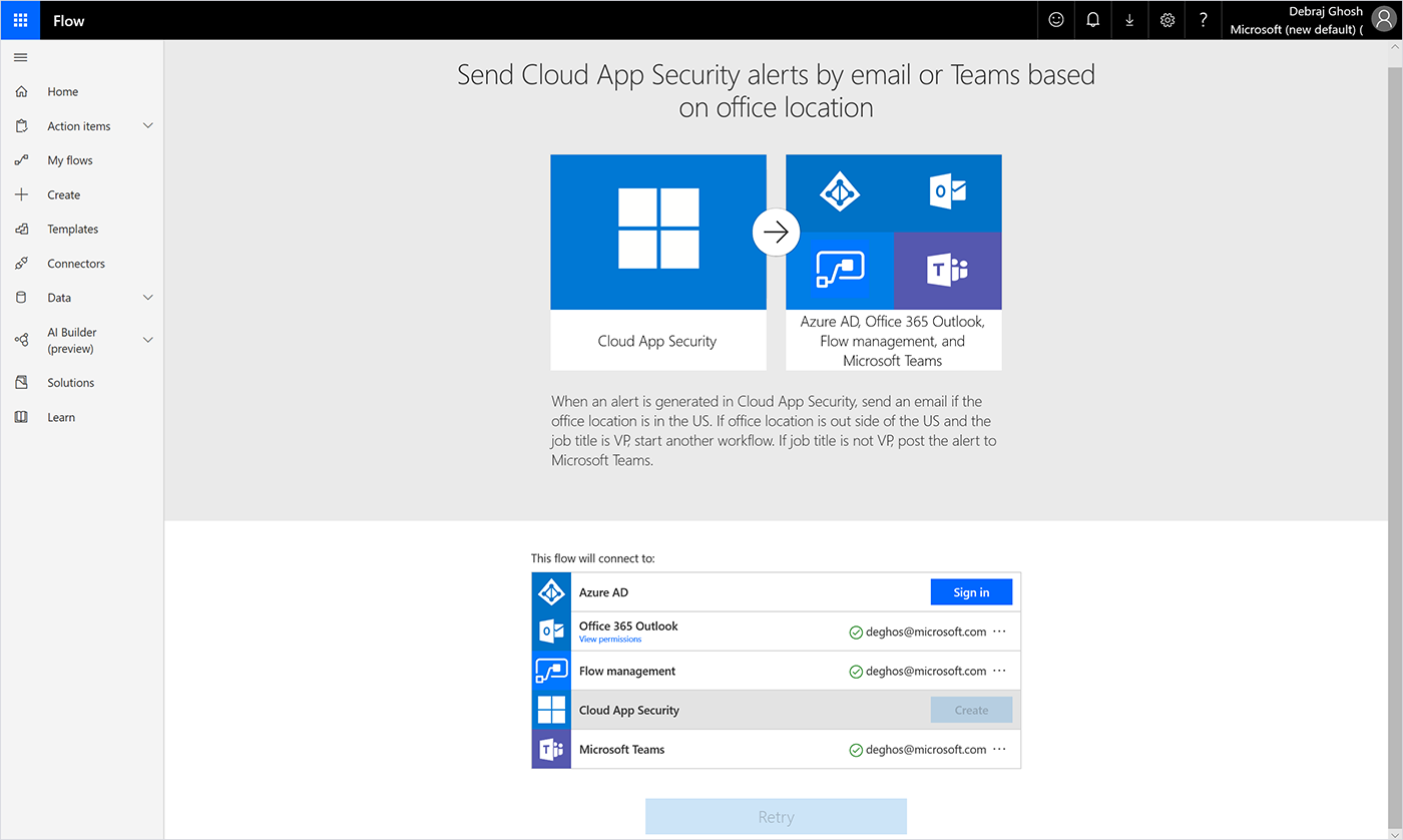 Screenshot of the Flow template using the management connecter, Azure AD, Cloud App Security, Outlook, and Teams.