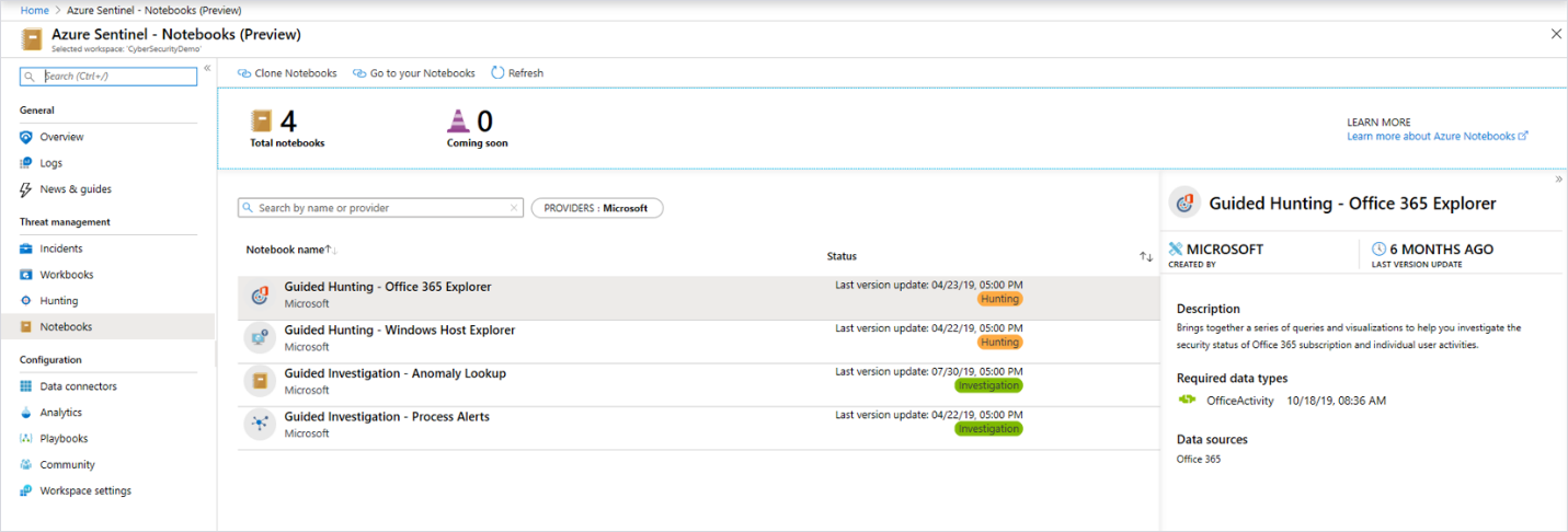 Image showing Azure Sentinel notebooks, now in preview.