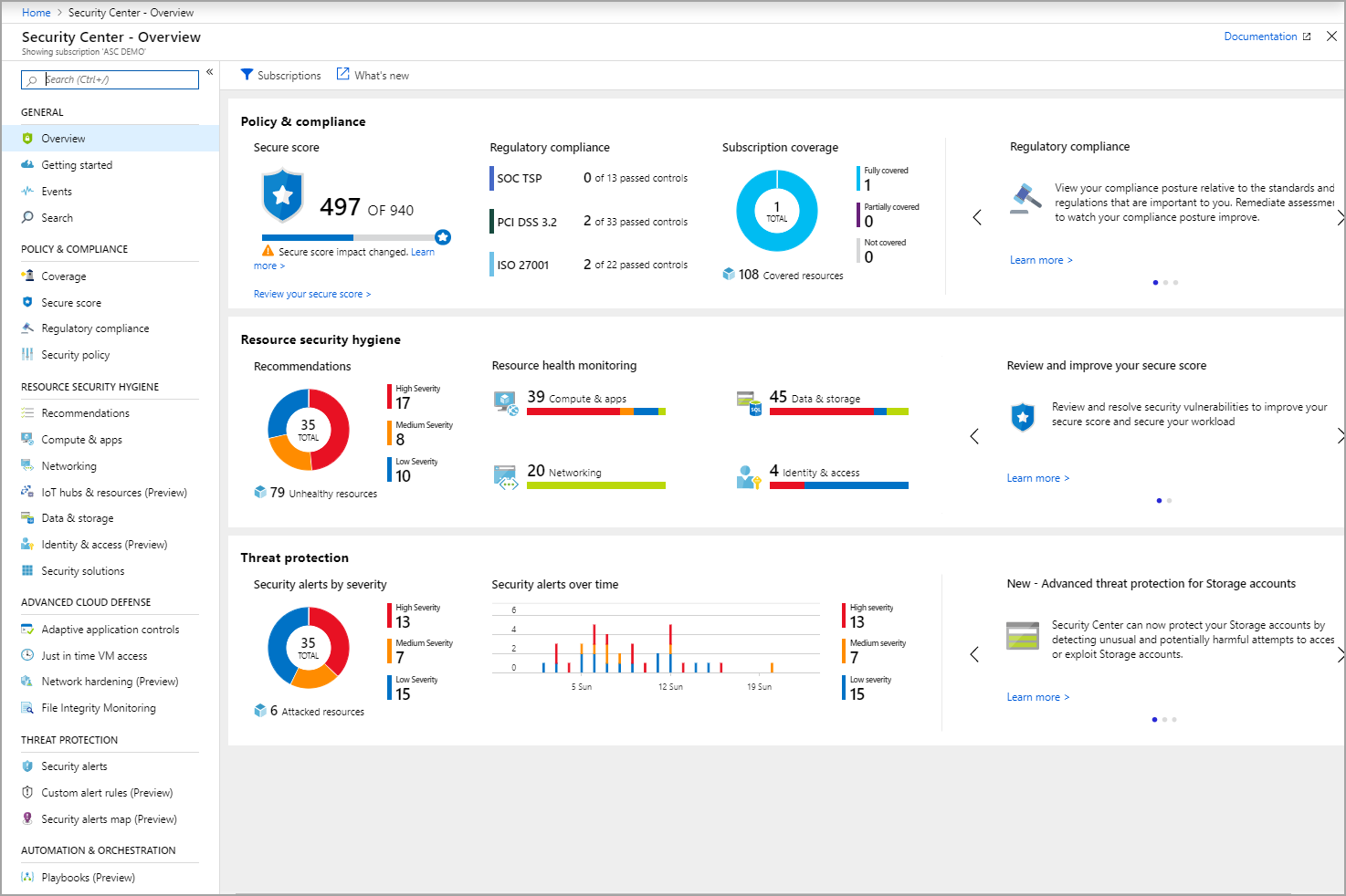 Screenshot of the Overview in the Azure Security Center.
