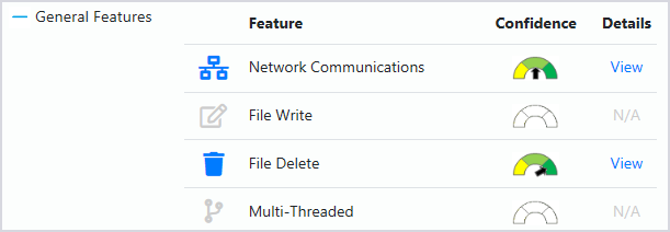 Image of general features and Application Inspector's confidence rating for each.