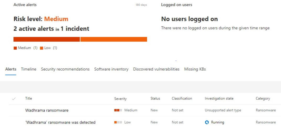 Microsoft Defender ATP machine view showing reinfection by Wadhrama
