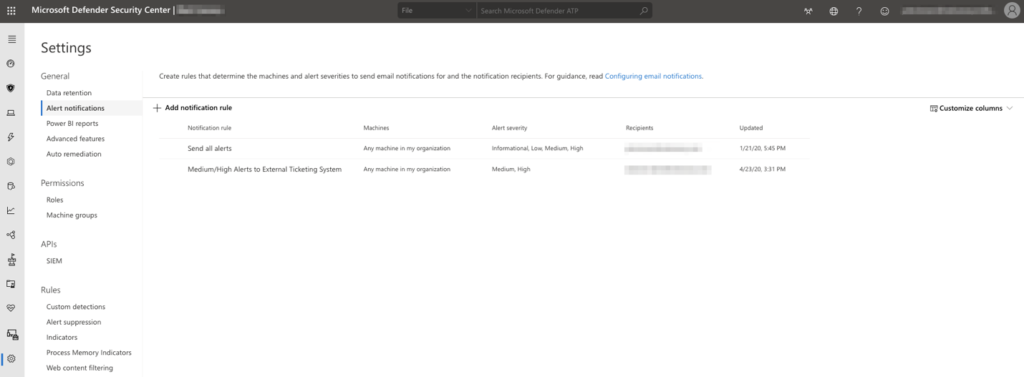 Email notification settings in Microsoft Defender Security Center.