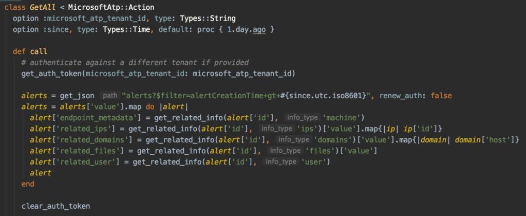 API call to retrieve alerts from Microsoft Defender ATP.