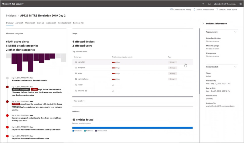 Figure 2: MTP portal showing 2nd day attack incident including correlated alerts and affected assets.