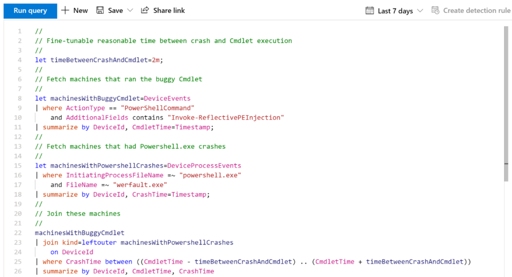 Advanced hunting query for correlating PowerShell crashes and Cmdlet invocation