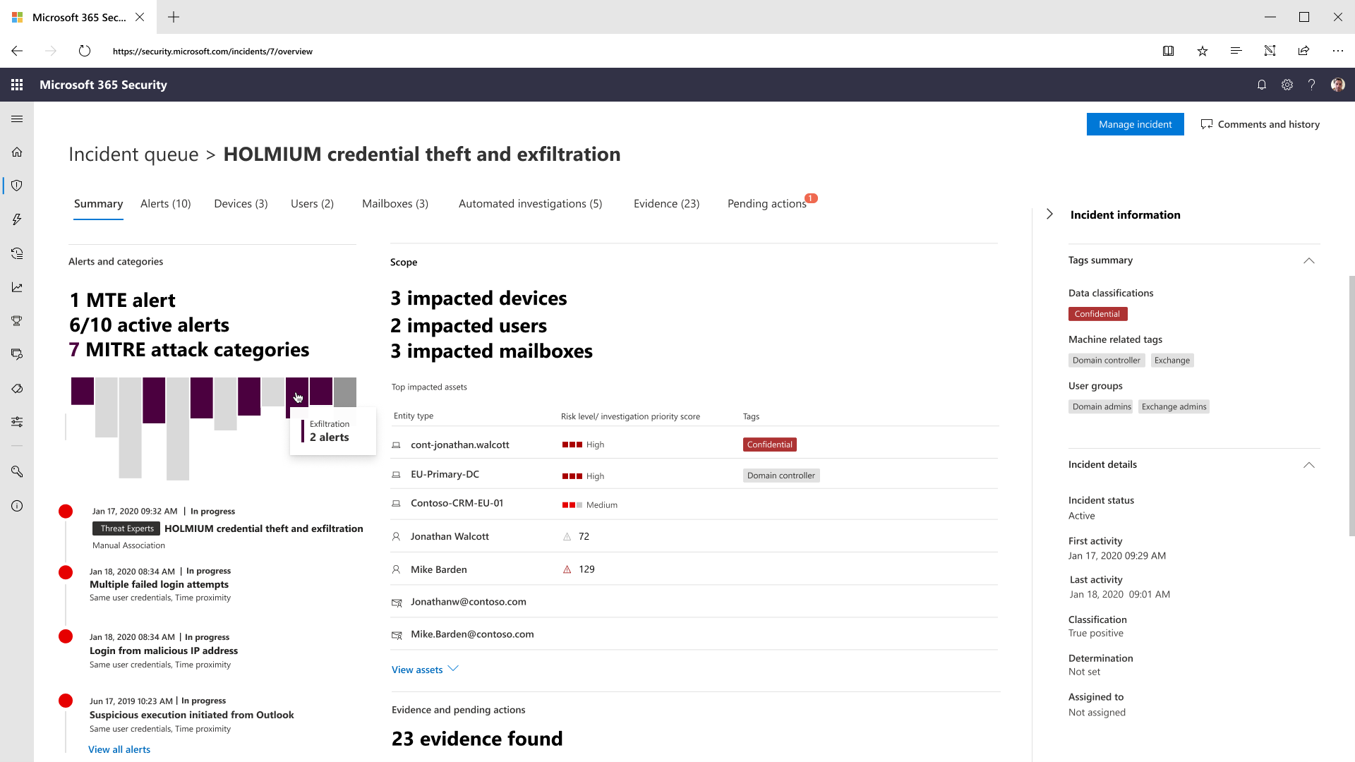 The Microsoft 365 Defender incident brings together in one view the entire end-to-end attack across domain boundaries