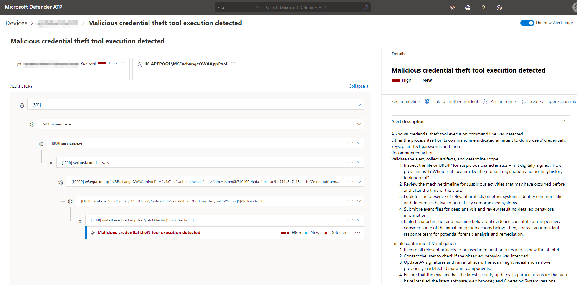 Microsoft Defender ATP alert on detection of Mimikatz