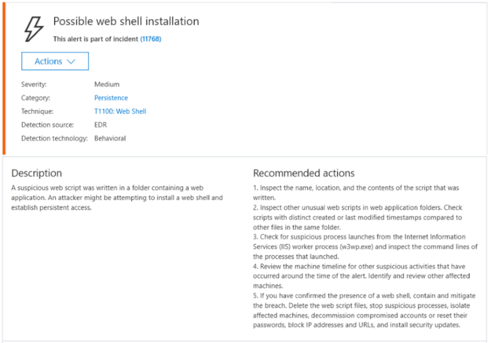 Microsoft Defender ATP alerts of suspicious web shell attacks