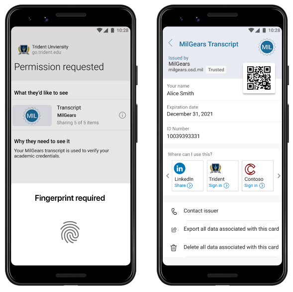 In a pilot of decentralized identity, Trident University can quickly and easily verify transcripts presented by MilGears participants.