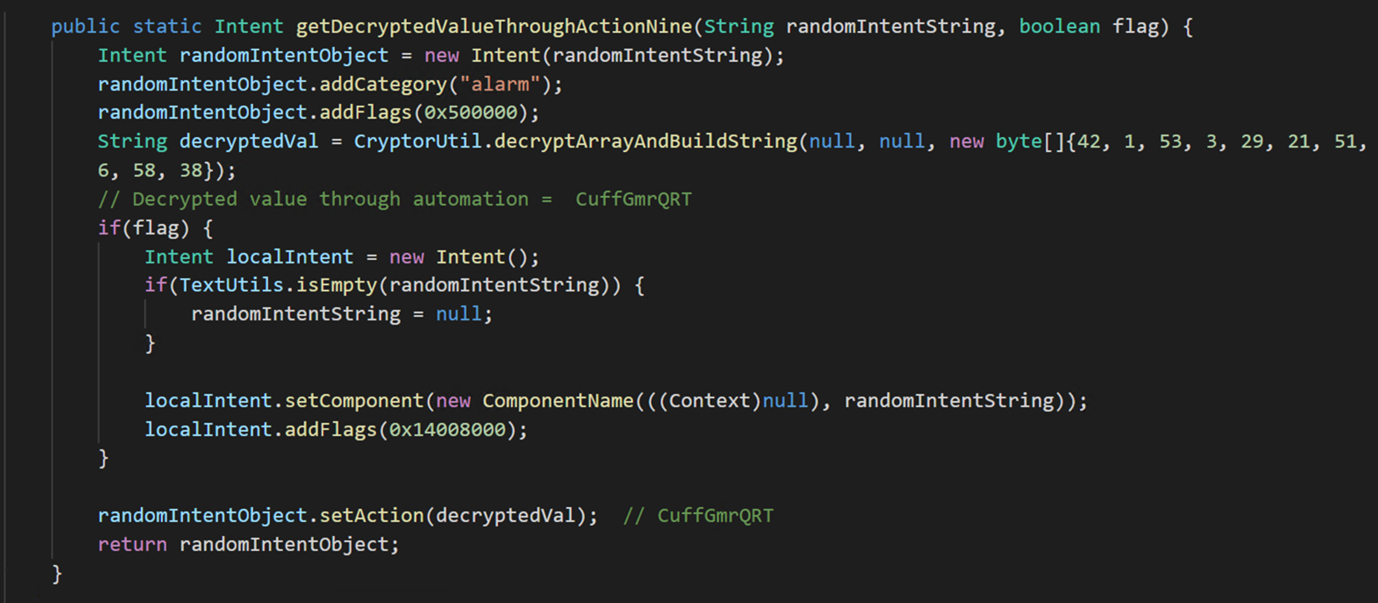Malware code showing decryption of assets