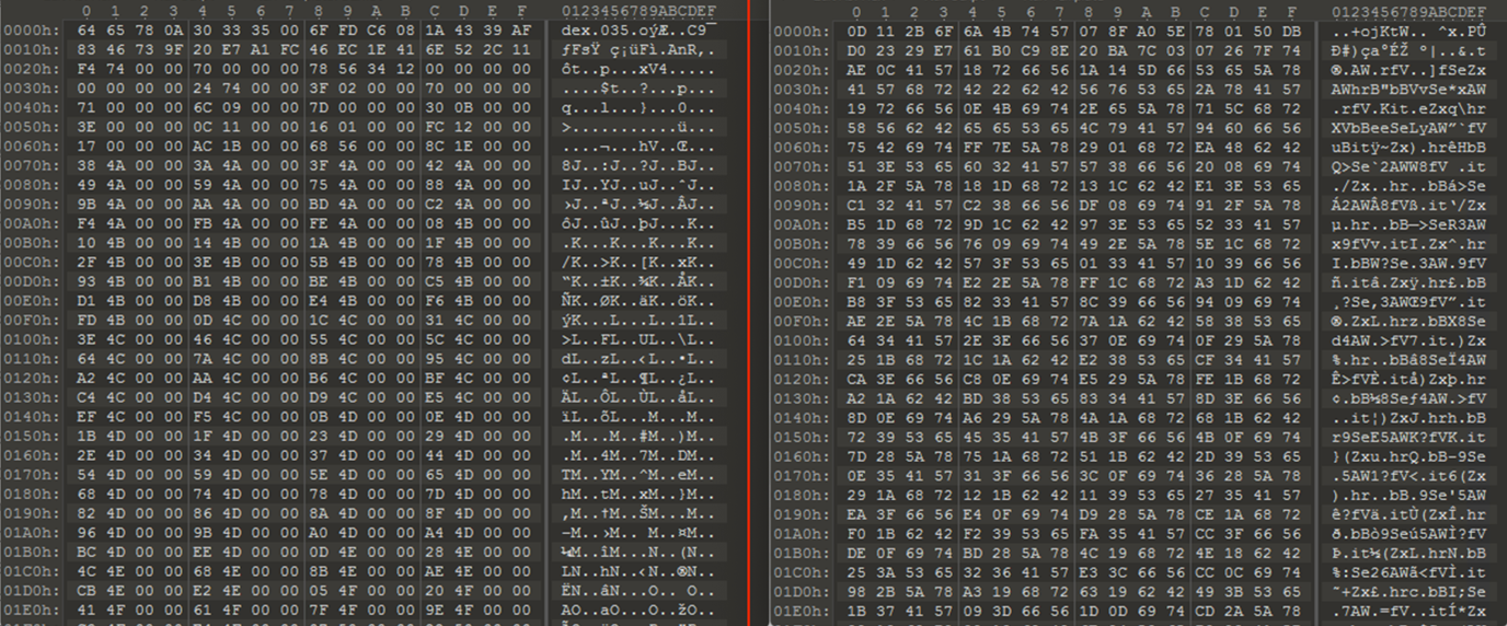 Comparison of code of Asset file before and after decryption