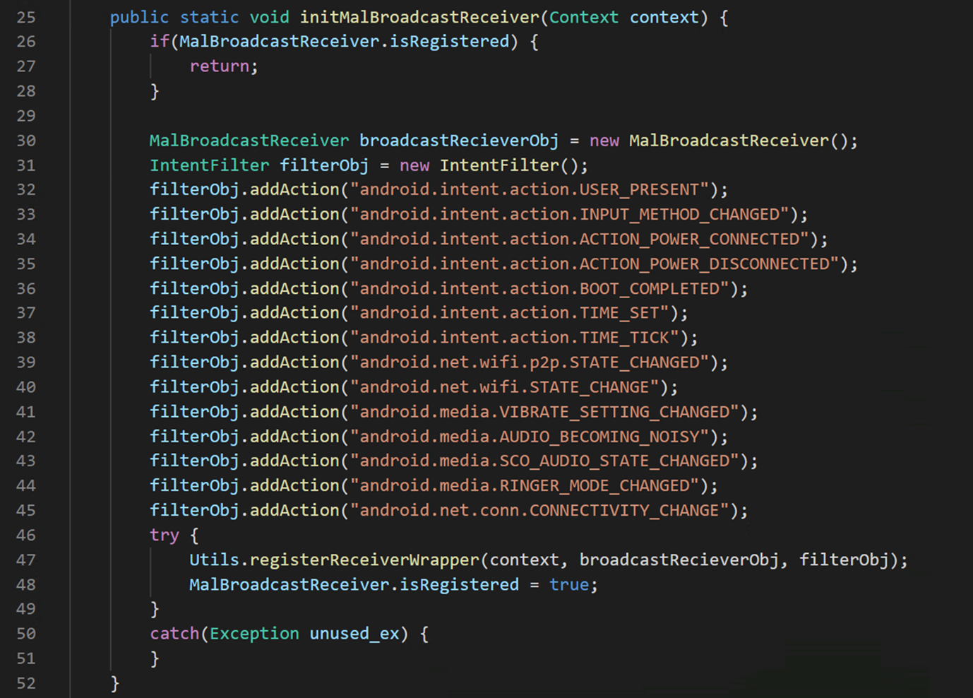 Malware code showing initializing broadcast receiver 