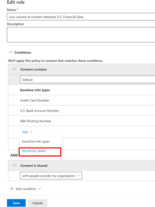 Using sensitivity labeling as a condition of a policy in Endpoint DLP.