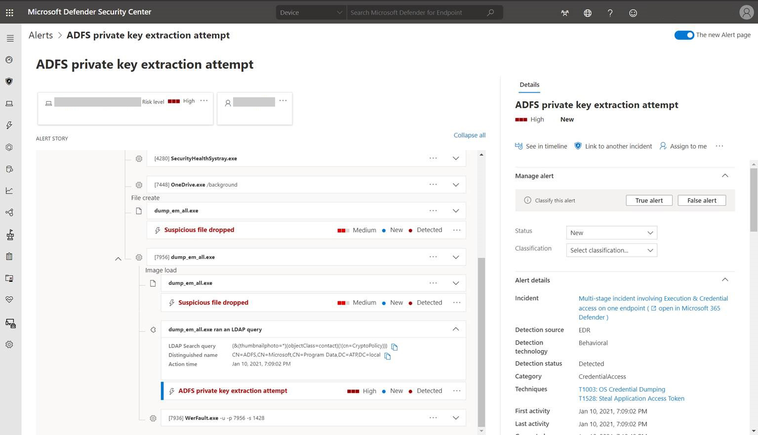 Screenshot of Microsoft Defender Security Center alert for LDAP query and AD FS private key extraction