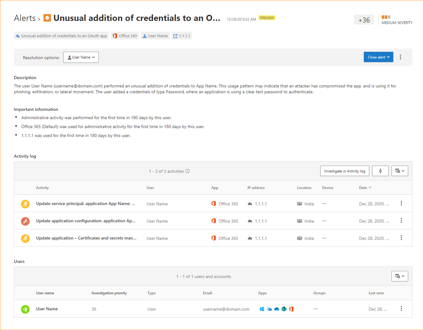 Microsoft Defender Cloud App Security alert for unusual addition of credentials to an OAuth app