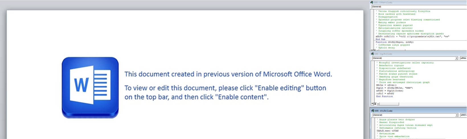 Screenshot of malicious document and malicious macro codes