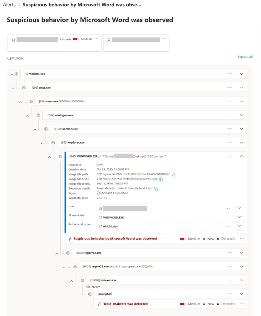 Screenshot of Microsoft Defender Security Center alert indicating detection of suspicious behavior