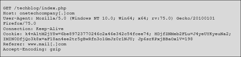 Sample HTTP GET request showing hardcoded Cookie values