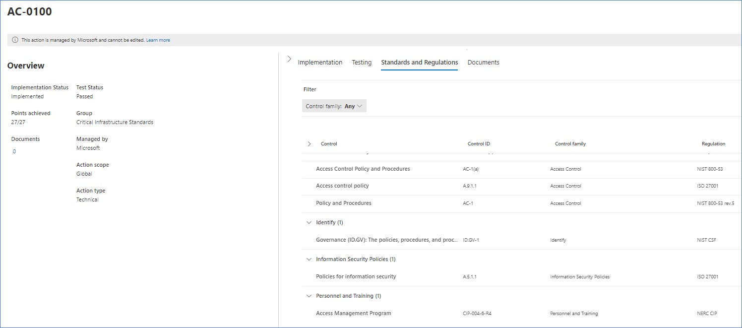 Microsoft 365 Compliance Manager, control mapped across multiple standards. New standards based assessments in Compliance Manager are automatically populated with controls that have been implemented.