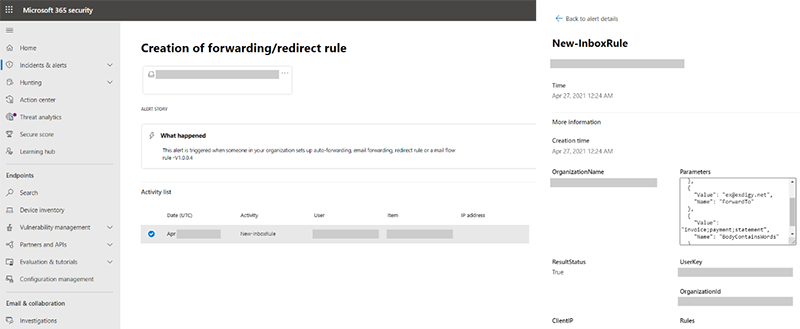 Alert in Microsoft 365 security center showing detection of forwarding rule creation