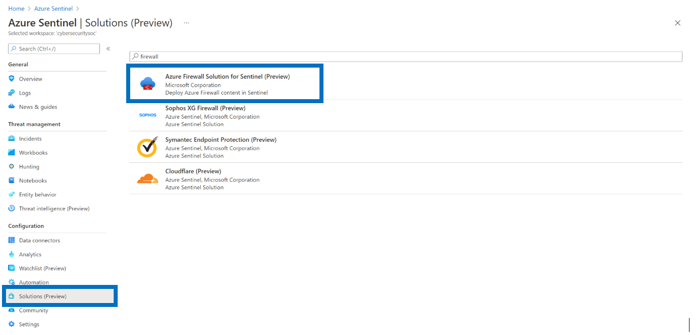 The Azure Firewall solution as displayed in Azure Sentinel portal UI in the solution section.