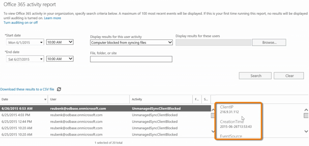 Office 365 activity report