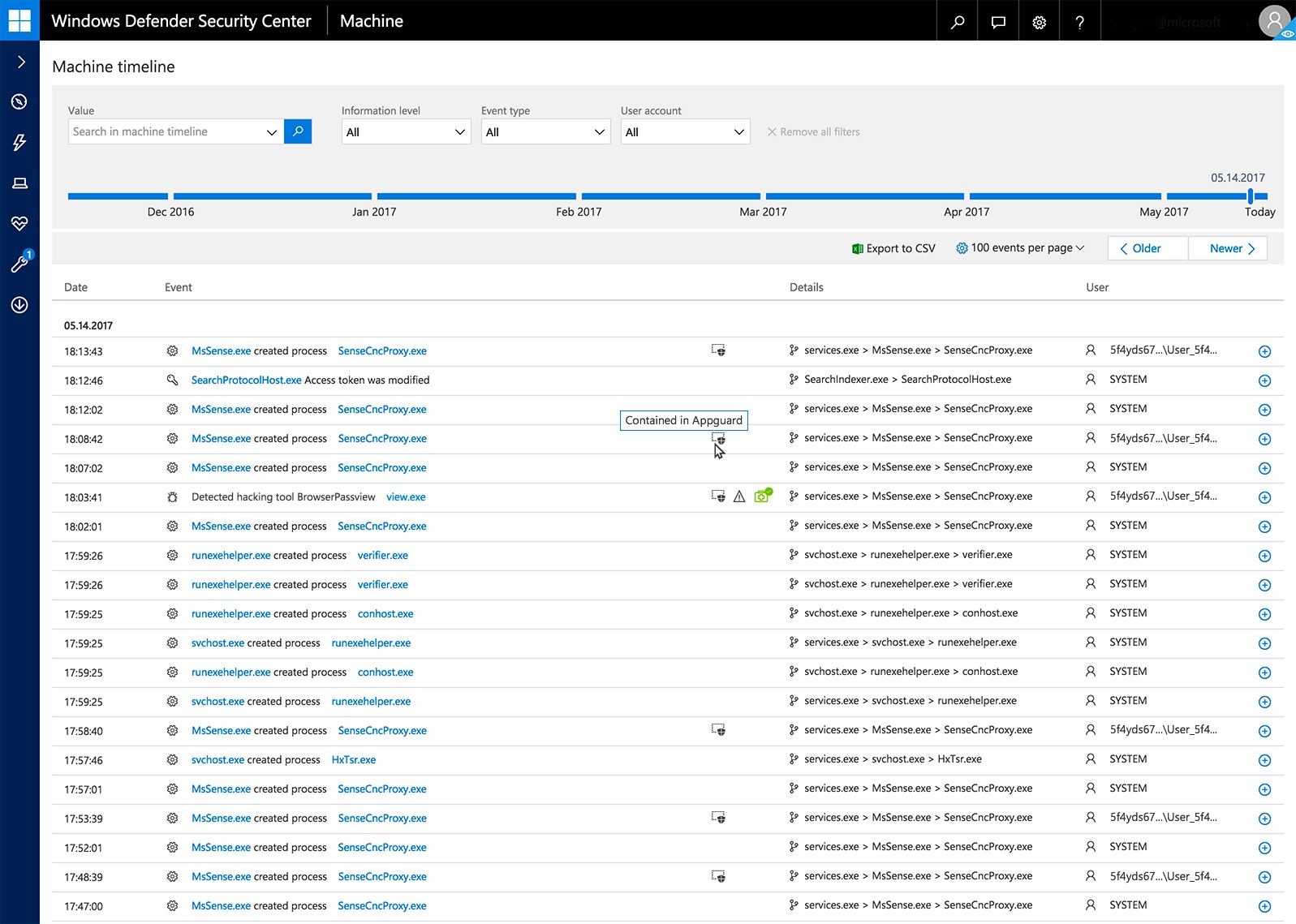 Figure 3: Windows Defender ATP machine timeline view with Windows Defender Application Guard event