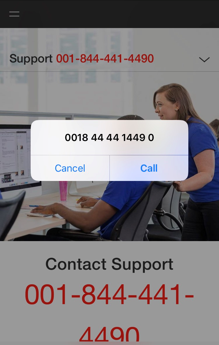 Figure 6. Tech support scam website launches the phone call app on a mobile phone