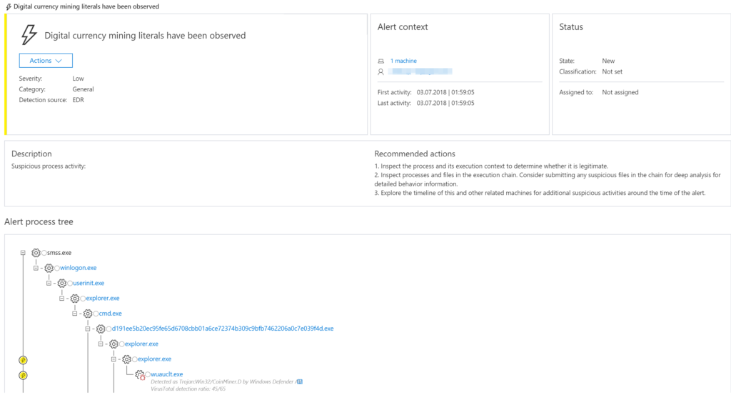 Figure 4. Windows Defender ATP detection for coin mining malware