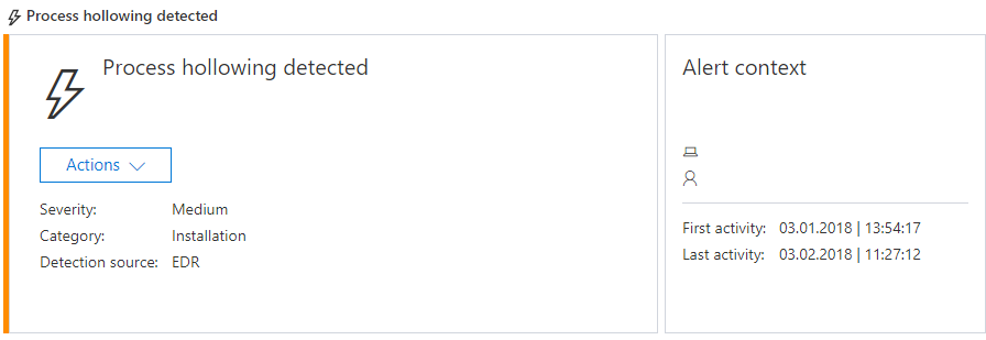 Figure 15. Windows Defender ATP detection for Dofoil’s process hollowing behavior