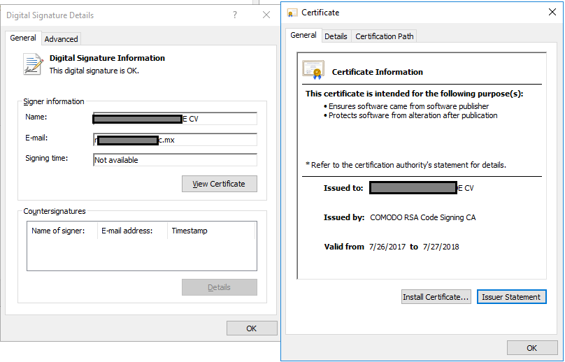 Figure 4. Certificate information of the poisoned update.exe