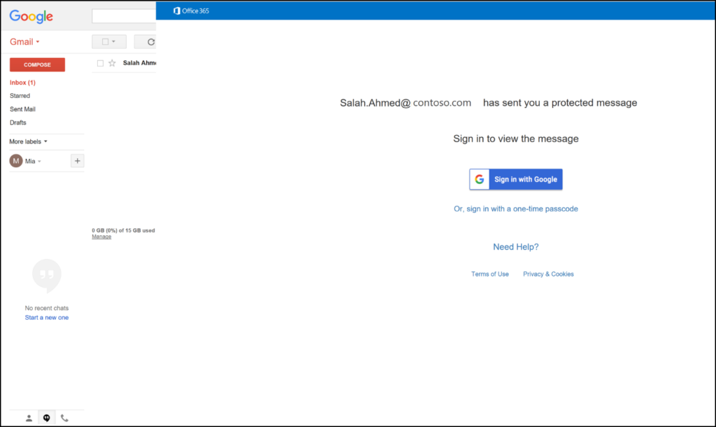 Figure 3. Office 365 encrypted email opened by a Gmail user.

