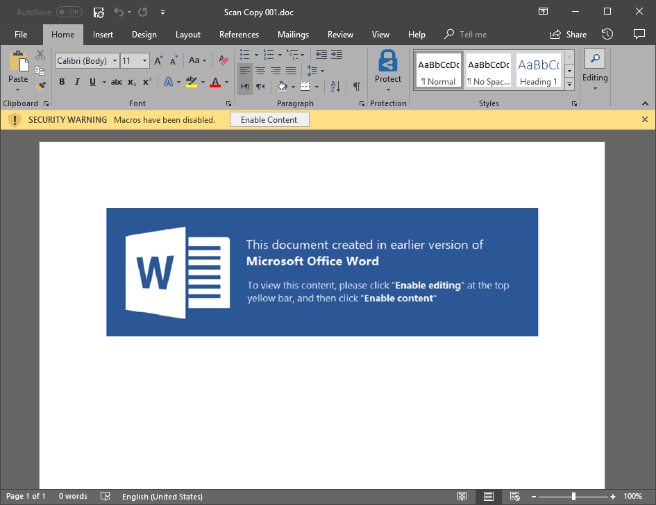 The malicious document with social engineering lure.