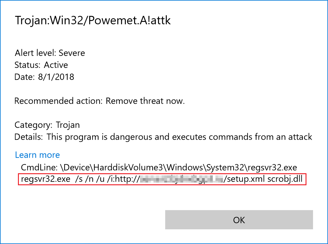 Trojan:Win32/Powemet.A!attk is a generic behavior-based detection designed to prevent attacks.