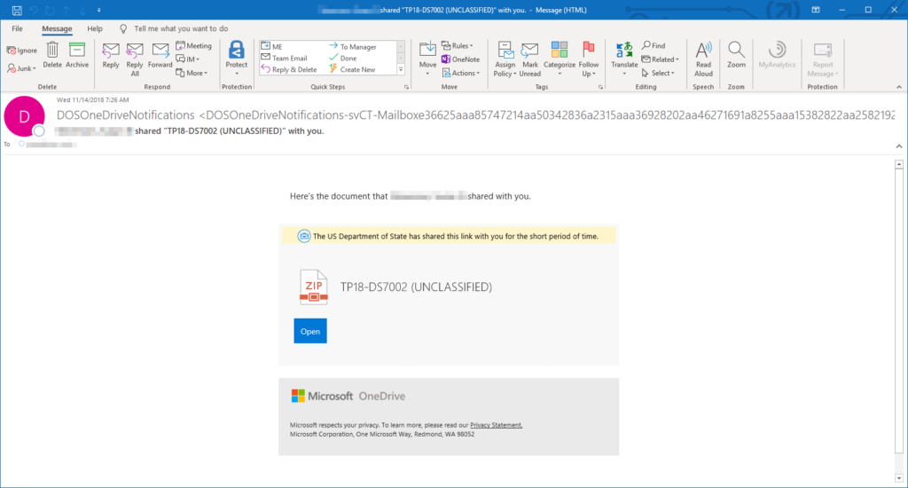 spear-phishing email shown that resembles file-sharing notifications from OneDrive