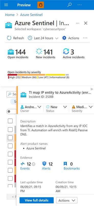 Azure Sentinel incident opened on a mobile device.