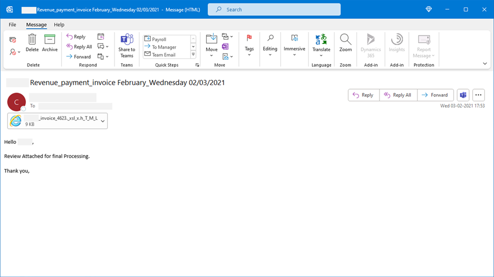 Screenshot of email