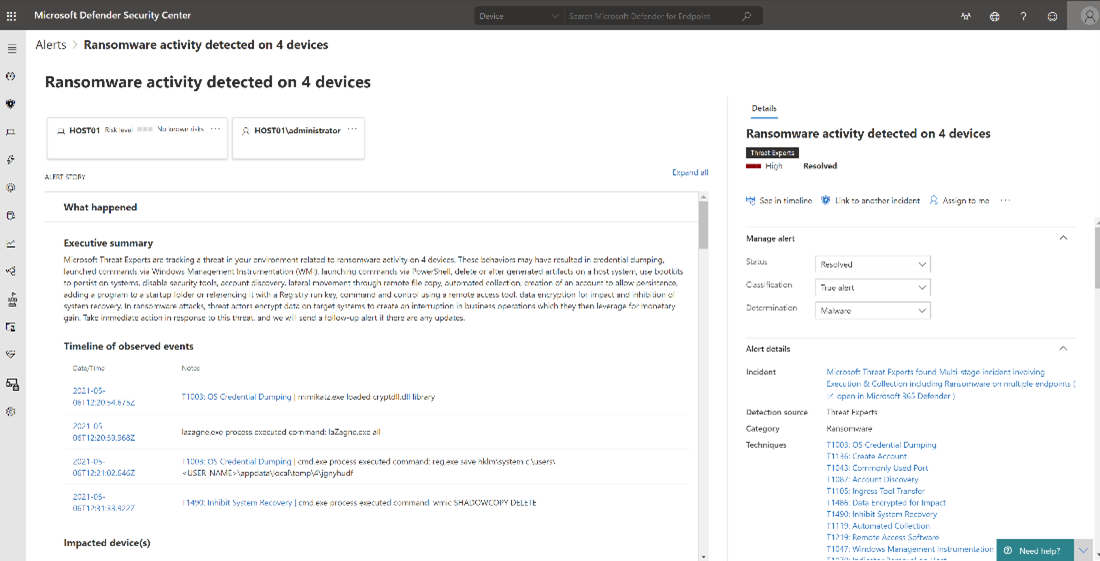 Screengrab from the Microsoft Defender Security Center that shows sample ransomware alerts.