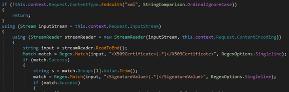 Screenshot of ProcessPostRequest() method ensuring that the ContentType value of an incoming HTTP POST request ends with “xml” 