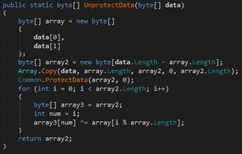 Screenshot of code for UprotectData() leveraging Common.ProtectData() to remove the first layer of XOR encoding and then another XOR routine 