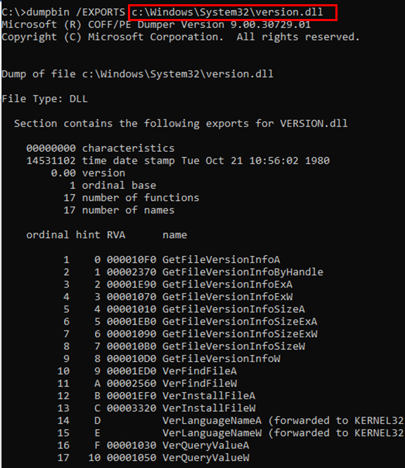 Screenshot of the malicious version.dll 