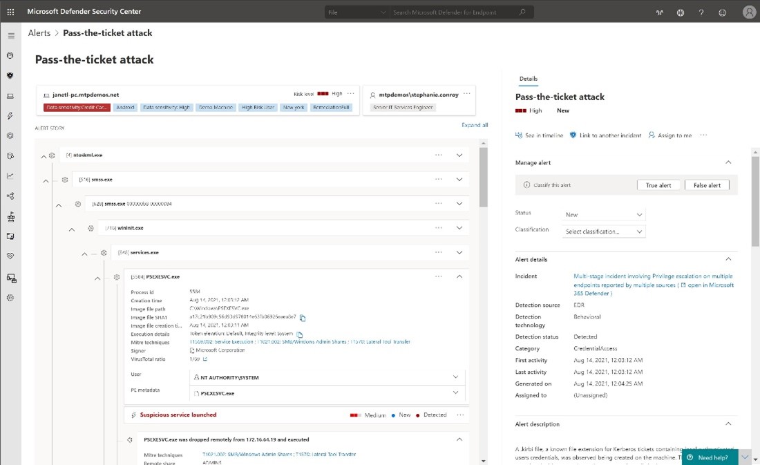 Screengrab from the Microsoft Defender Security Center that shows a pass-the-ticket attack alert. 