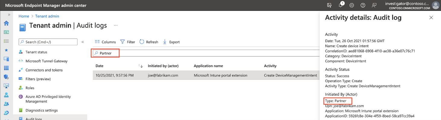 Details associated with the Partner type in the audit logs in the Microsoft Endpoint Manager admin center.