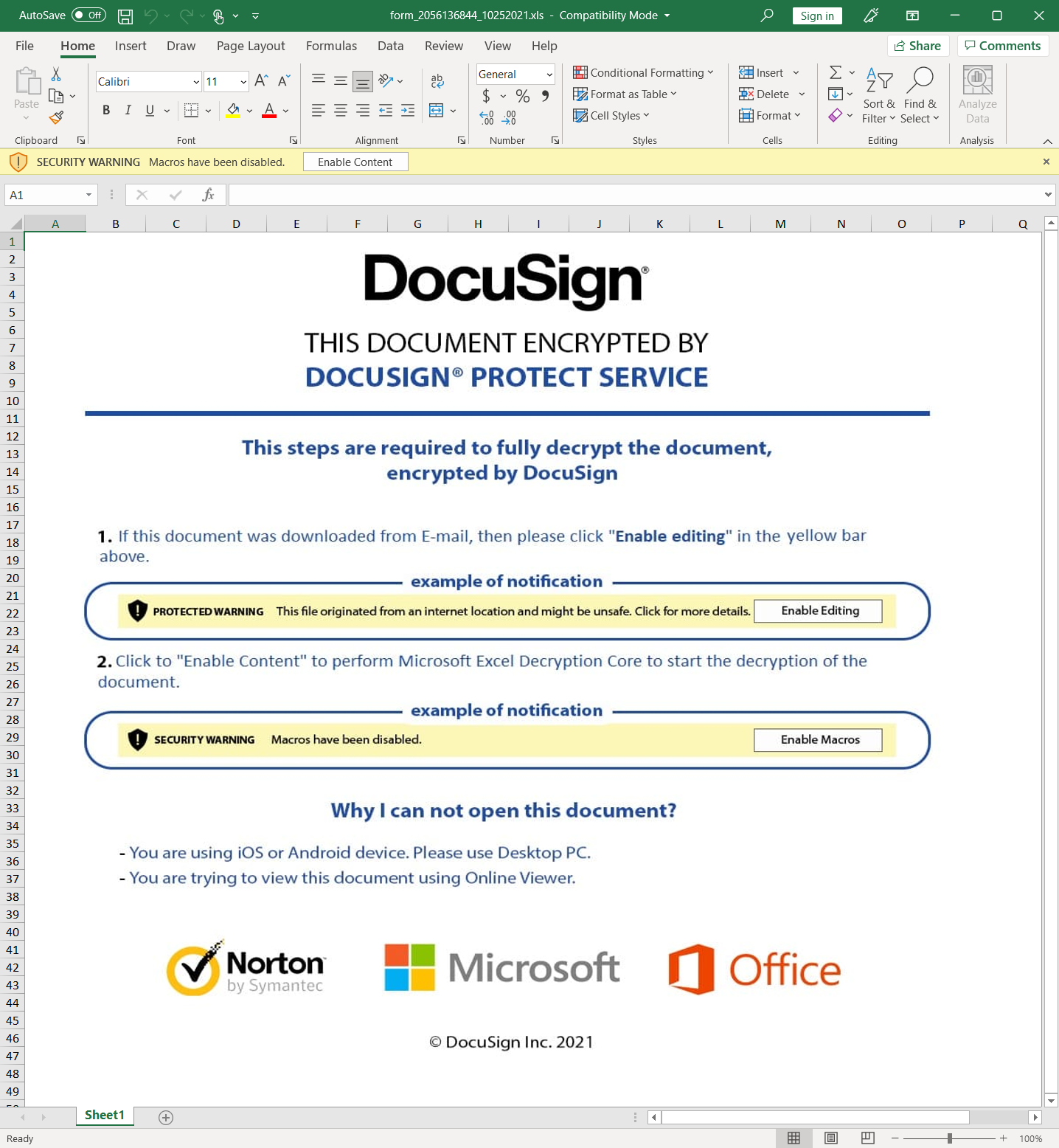 Screenshot of malicious Excel file with lure to enable macros